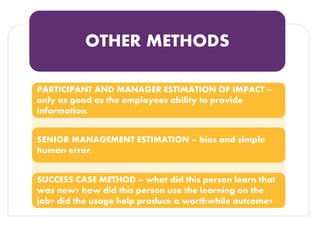OTHER METHODS 
PARTICIPANT AND MANAGER ESTIMATION OF IMPACT – only as good as the employees ability to provide information. 
SENIOR MANAGEMENT ESTIMATION – bias and simple human error. 
SUCCESS CASE METHOD – what did this person learn that was new? how did this person use the learning on the job? did the usage help produce a worthwhile outcome?  