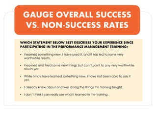 GAUGE OVERALL SUCCESS VS. NON-SUCCESS RATES 
WHICH STATEMENT BELOW BEST DESCRIBES YOUR EXPERIENCE SINCE PARTICIPATING IN THE PERFORMANCE MANAGEMENT TRAINING? 
•I learned something new, I have used it, and it has led to some very worthwhile results. 
•I learned and tried some new things but can’t point to any very worthwhile results yet. 
•While I may have learned something new, I have not been able to use it yet. 
•I already knew about and was doing the things this training taught. 
•I don’t think I can really use what I learned in the training.  
