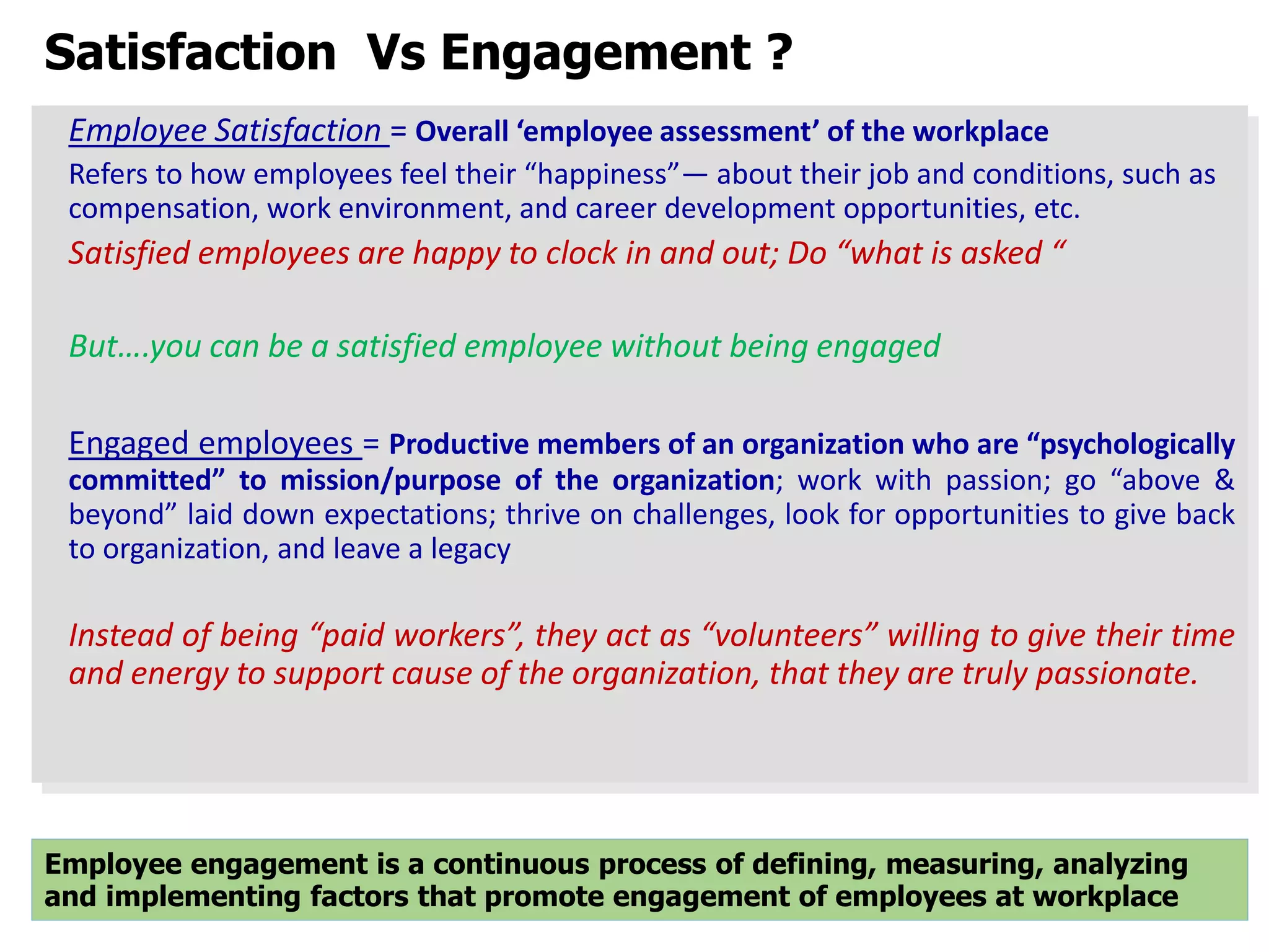 Satisfaction Vs Engagement ?
Employee Satisfaction = Overall ‘employee assessment’ of the workplace
Refers to how employees feel their “happiness”— about their job and conditions, such as
compensation, work environment, and career development opportunities, etc.
Satisfied employees are happy to clock in and out; Do “what is asked “
But….you can be a satisfied employee without being engaged
Engaged employees = Productive members of an organization who are “psychologically
committed” to mission/purpose of the organization; work with passion; go “above &
beyond” laid down expectations; thrive on challenges, look for opportunities to give back
to organization, and leave a legacy
Instead of being “paid workers”, they act as “volunteers” willing to give their time
and energy to support cause of the organization, that they are truly passionate.
Employee engagement is a continuous process of defining, measuring, analyzing
and implementing factors that promote engagement of employees at workplace
 