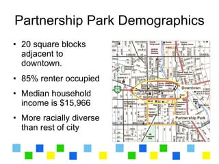 Partnership Park Demographics
• 20 square blocks
  adjacent to
  downtown.
• 85% renter occupied
• Median household
  income is $15,966
• More racially diverse
  than rest of city
 