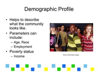 Demographic Profile
• Helps to describe
  what the community
  looks like.
• Parameters can
  include:
  – Age, Race
  – Employment
• Poverty status
                        Photo Credit Getty Images
  – Income
 