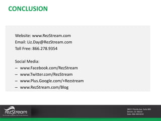 CONCLUSION
Website: www.RezStream.com
Email: Liz.Day@RezStream.com
Toll Free: 866.278.9354
Social Media:
– www.Facebook.com/RezStream
– www.Twitter.com/RezStream
– www.Plus.Google.com/+Rezstream
– www.RezStream.com/Blog
3801 E Florida Ave. Suite 800
Denver, CO 80210
Sales: 866-360-8210
 