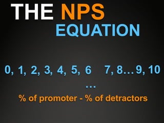 THE NPS
          EQUATION

0, 1, 2, 3, 4, 5, 6 7, 8… 9, 10
                  …
  % of promoter - % of detractors
 