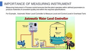 IMPORTANCE OF MEASURING INSTRUMENT
Measuring Instrument in Process control ensures that the plant operates within defined parameters to
produce materials of consistent quality and within the required specifications.
For Example , Automatic Water Level Controller to Measure Level and Control Level in Overhead Tank
 