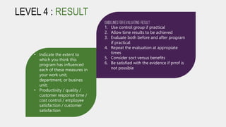 LEVEL 4 : RESULT
• Indicate the extent to
which you think this
program has influenced
each of these measures in
your work unit,
department, or busines
unit:
• Productivity / quality /
customer response time /
cost control / employee
satisfaction / customer
satisfaction
Guidelinesfor evaluating RESULT
1. Use control group if practical
2. Allow time results to be achieved
3. Evaluate both before and after program
if practical
4. Repeat the evaluation at appropiate
times
5. Consider soct versus benefits
6. Be satisfied with the evidence if prrof is
not possible
 