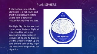 PLANISPHERE
A planisphere, also called a
Star Chart, is a flat, multi-part
chart that displays the stars
visible from a particular
latitude for any time and date.
The Night Sky planisphere that
comes in our Globe at Night kit
is intended for use in our
geographical area, between
latitudes of 30 and 40 degrees.
Use the wheel to match up the
date and the time of day to get
the most accurate guide to our
night sky.
 