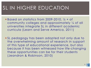 SL IN HIGHER EDUCATION 
¡ Based on statistics from 2009-2010, ½ + of 
community colleges and approximately ¼ of all 
univ...