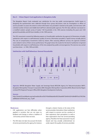 Box 5: Citizen Report Card application in Bangalore, India

    The Bangalore Report Cards evaluated user satisfaction for nine key public services/agencies. Useful inputs in
    designing the questionnaire were collected through focus group discussions, visits by investigators to offices of
    service providers to assess the extent to which information was provided or denied to the public, and interviews with
    a limited number of lower and middle level staff from selected public agencies. The CRC data collection was based on
    a stratified random sample survey of nearly 1140 households in the 1994 exercise (including the poor) and 1339
    general households, and 839 slum dwellers, in the 1999 exercise.

    The CRC assessment covered the following aspects: a) Overall public satisfaction (by agency); b) Dimensions of public
    satisfaction with respect to staff behaviour, quality of service, information provided; c) Speed money actually paid; d)
    The cost of compensatory investments made by citizens. After assessing different services, the agencies involved
    were ranked in terms of their service performance. The graph shows the results for the level of satisfaction of general
    households with respect to staff behaviour of the nine analysed key public services/agencies. The exercise was carried
    out three times – in 1994, 1999 and 2003.

    Satisfaction with Staff Behaviour: General Households


                            100                92                 93                                                            98
                                                                                88           89                  84                                                               89
                                                                                                                                             80           80
                             80
              % Satisfied




                                                                                                                                                                    61
                             60        54                51
                             40                                                      31 26              33                           34 31
                                  26                                                                                  24 28                                    27
                                                    18
                             20                                                                                                                   11 15
                                                                       n/a                        n/a
                              0
                                       BWSSB




                                                         BESCOM




                                                                         BMTC




                                                                                       BMP




                                                                                                        Police




                                                                                                                         BSNL




                                                                                                                                       RTO




                                                                                                                                                    BDA




                                                                                                                                                                    G. Hospital
                                                                                                  Agency


                                                                                     1994          1999               2003




    Agencies: BWSSB: Bangalore Water Supply and Sewerage Board; BESCOM: Agency for Telecommunication; BMTC:
    Bangalore Metropolitan Transport Corporation; BMC: Bangalore Metropolitan Corporation; BSNL: Bharat Sanchar Nigam
    Limited; RTO: Regional Transport Office; BDA: Bangalore Development Authority.

    Sources:
    http://lnweb18.worldbank.org/oed/oeddoclib.nsf/b57456d58aba40e585256ad400736404/d241684df81fce2785256e
    ad0062de10/$FILE/ecd_wp_12.pdf




Weaknesses                                                                                   through a citizens’ charter, or the views of the
• CRC applications can face difficulties when                                                service providers themselves. Citizen satisfaction
  applied in societies that are not open to                                                  with respect to services can be a product of
  feedback and change, or where a tradition of                                               their experience, their perceptions as well as
   civil society activism does not exist.                                                    their expectations from the service-providing
                                                                                             agency. Therefore the final assessment may be
•   The CRC does not take into account the levels                                            biased and may actually underestimate (or
    of service promised by the agency, for instance                                          under-report) the quality of services provided.




A Users’ Guide to Measuring Local Governance                                                                                                                                           105
 