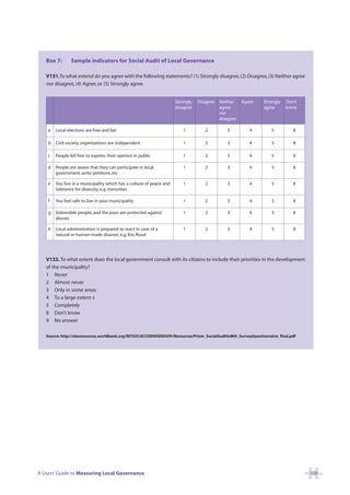Box 7:       Sample indicators for Social Audit of Local Governance

   V131.To what extend do you agree with the following statements? (1) Strongly disagree, (2) Disagree, (3) Neither agree
   nor disagree, (4) Agree, or (5) Strongly agree.


                                                                      Strongly   Disagree   Neither    Agree   Strongly    Don’t
                                                                      disagree              agree              agree       know
                                                                                            nor
                                                                                            disagree

    a   Local elections are free and fair                                1          2          3          4        5          8

    b   Civil society organizations are independent                      1          2          3          4        5          8

    c   People fell free to express their opinion in public              1          2          3          4        5          8

    d   People are aware that they can participate in local              1          2          3          4        5          8
        government, write petitions, etc

    e   You live in a municipality which has a culture of peace and      1          2          3          4        5          8
        tolerance for diversity, e.g. minorities

    f   You feel safe to live in your municipality                       1          2          3          4        5          8

    g   Vulnerable people, and the poor are protected against            1          2          3          4        5          8
        abuses

    h   Local administration is prepared to react in case of a           1          2          3          4        5          8
        natural or human-made disaster, e.g. fire, flood




   V132. To what extent does the local government consult with its citizens to include their priorities in the development
   of the municipality?
   1 Never
   2 Almost never
   3 Only in some areas
   4 To a large extent s
   5 Completely
   8 Don’t know
   9 No answer

   Source: http://siteresources.worldbank.org/INTSOCACCDEMSIDEGOV/Resources/Prism_SocialAuditinBiH_SurveyQuestionnaire_final.pdf




A Users’ Guide to Measuring Local Governance                                                                                       109
 