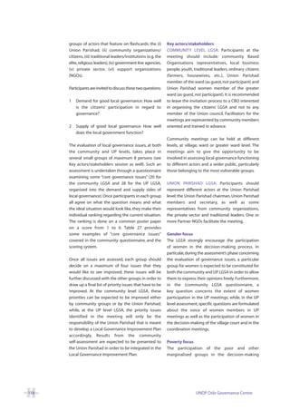 groups of actors that feature on flashcards: the (i)         Key actors/stakeholders
      Union Parishad, (ii) community organizations/                COMMUNITY LEVEL LGSA: Participants at the
      citizens, (iii) traditional leaders/institutions (e.g. the   meeting should include: community Based
      elite, religious leaders), (iv) government line agencies,    Organisations representatives, local business
      (v) private sector, (vi) support organizations               people, youth, traditional leaders, ordinary citizens
      (NGOs).                                                      (farmers, housewives, etc.), Union Parishad
                                                                   member of the ward (as guest, not participant) and
      Participants are invited to discuss these two questions:     Union Parishad women member of the greater
                                                                   ward (as guest, not participant). It is recommended
      1   Demand for good local governance: How well               to leave the invitation process to a CBO interested
          is the citizens’ participation in regard to              in organising the citizens’ LGSA and not to any
          governance?                                              member of the Union council. Facilitators for the
                                                                   meetings are represented by community members
      2   Supply of good local governance: How well                oriented and trained in advance.
          does the local government function?
                                                                   Community meetings can be held at different
      The evaluation of local governance issues, at both           levels, at village, ward or greater ward level. The
      the community and UP levels, takes place in                  meetings aim to give the opportunity to be
      several small groups of maximum 8 persons (see               involved in assessing local governance functioning
      Key actors/stakeholders session as well). Such an            to different actors and a wider public, particularly
      assessment is undertaken through a questionnaire             those belonging to the most vulnerable groups.
      examining some “core governance issues” (20 for
      the community LGSA and 28 for the UP LGSA,                   UNION PARISHAD LGSA: Participants should
      organised into the demand and supply sides of                represent different actors at the Union Parishad
      local governance). Once participants in each group           level: the Union Parishad chairman, Union Parishad
      all agree on what the question means and what                members and secretary, as well as some
      the ideal situation would look like, they make their         representatives from community organizations,
      individual ranking regarding the current situation.          the private sector and traditional leaders. One or
      The ranking is done on a common poster paper                 more Partner NGOs facilitate the meeting.
      on a score from 1 to 6. Table 27 provides
      some examples of “core governance issues”                    Gender focus
      covered in the community questionnaire, and the              The LGSA strongly encourage the participation
      scoring system.                                              of women in the decision-making process. In
                                                                   particular, during the assessment’s phase concerning
      Once all issues are assessed, each group should              the evaluation of governance issues, a particular
      decide on a maximum of four issues that they                 group for women is expected to be constituted for
      would like to see improved; these issues will be             both the community and UP LGSA in order to allow
      further discussed with the other groups in order to          them to express their opinions freely. Furthermore,
      draw up a final list of priority issues that have to be      in the (community LGSA questionnaire, a
      improved. At the community level LGSA, these                 key question concerns the extent of women
      priorities can be expected to be improved either             participation in the UP meetings; while, in the UP
      by community groups or by the Union Parishad;                level assessment, specific questions are formulated
      while, at the UP level LGSA, the priority issues             about the voice of women members in UP
      identified in the meeting will only be the                   meetings as well as the participation of women in
      responsibility of the Union Parishad that is meant           the decision-making of the village court and in the
      to develop a Local Governance Improvement Plan               coordination meetings.
      accordingly. Results from the community
      self-assessment are expected to be presented to              Poverty focus
      the Union Parishad in order to be integrated in the          The participation of the poor and other
      Local Governance Improvement Plan.                           marginalised groups in the decision-making




118                                                                                UNDP Oslo Governance Centre
 