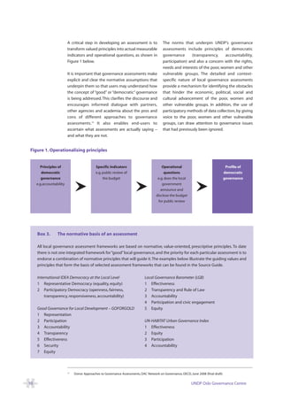 A critical step in developing an assessment is to               The norms that underpin UNDP’s governance
                          transform valued principles into actual measurable              assessments include principles of democratic
                          indicators and operational questions, as shown in               governance       (transparency,    accountability,
                          Figure 1 below.                                                 participation) and also a concern with the rights,
                                                                                          needs and interests of the poor, women and other
                          It is important that governance assessments make                vulnerable groups. The detailed and context-
                          explicit and clear the normative assumptions that               specific nature of local governance assessments
                          underpin them so that users may understand how                  provide a mechanism for identifying the obstacles
                          the concept of “good” or “democratic” governance                that hinder the economic, political, social and
                          is being addressed. This clarifies the discourse and            cultural advancement of the poor, women and
                          encourages informed dialogue with partners,                     other vulnerable groups. In addition, the use of
                          other agencies and academia about the pros and                  participatory methods of data collection, by giving
                          cons of different approaches to governance                      voice to the poor, women and other vulnerable
                          assessments.14 It also enables end-users to                     groups, can draw attention to governance issues
                          ascertain what assessments are actually saying –                that had previously been ignored.
                          and what they are not.


Figure 1. Operationalising principles


       Principles of                         Specific indicators                          Operational                                  Profile of
        democratic                           e.g. public review of                         questions                                  democratic
        governance                                the budget                           e.g. does the local                            governance
     e.g.accountability                                                                   government
                                                                                         announce and
                                                                                      disclose the budget
                                                                                       for public review




     Box 3.       The normative basis of an assessment

     All local governance assessment frameworks are based on normative, value-oriented, prescriptive principles. To date
     there is not one integrated framework for “good” local governance, and the priority for each particular assessment is to
     endorse a combination of normative principles that will guide it. The examples below illustrate the guiding values and
     principles that form the basis of selected assessment frameworks that can be found in the Source Guide.

     International IDEA Democracy at the Local Level                          Local Governance Barometer (LGB)
     1 Representative Democracy (equality, equity)                            1 Effectiveness
     2 Participatory Democracy (openness, fairness,                           2 Transparency and Rule of Law
         transparency, responsiveness, accountability)                        3 Accountability
                                                                              4 Participation and civic engagement
     Good Governance for Local Development – GOFORGOLD                        5 Equity
     1 Representation
     2 Participation                                                          UN-HABITAT Urban Governance Index
     3 Accountability                                                         1 Effectiveness
     4 Transparency                                                           2 Equity
     5 Effectiveness                                                          3 Participation
     6 Security                                                               4 Accountability
     7 Equity



                          14
                               Donor Approaches to Governance Assessments, DAC Network on Governance, OECD, June 2008 (final draft)

10                                                                                                           UNDP Oslo Governance Centre
 