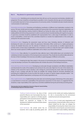 Box 5.       Key phases in a governance assessment

     Preparatory phase: Identifying and recruiting the team that will carry out the assessment and develop a detailed work
     programme. The team should be as broad-based as possible in terms of gender, ethnicity, age and social background.
     It is particularly important to have a strong presence of community workers.The detailed work plan should include the
     ‘communication of results’ phase.

     Partnership promoting phase: Promoting and facilitating coordination of different local stakeholders involved in the
     process. The team should seek the broadest possible local ‘sponsorship’ of the assessment. Important stakeholders not
     attending an initial planning meeting should be followed up. During this phase every effort should be made to
     widely publicise the forthcoming assessment in order to avoid any future misunderstanding with regard to its purpose.
     A supervisory committee should be established with respresentation from a wide range of stakeholders. In order to
     ensure sustainability, a central task of this committee should be to monitor the implementation of the action plan
     arising from the assessment results.

     Development phase: Designing the assessment scope and focus areas (including selection of indicators) and
     developing the tools to be used to collect the governance information. When carried out in a highly participatory
     manner, the detailed discussion over the selection of indicators to be used provides an excellent opportunity to
     actively involve a broad range of stakeholders in the assessment as well as to create the ‘team spirit’ needed to break
     down any mutual suspicions of different stakeholders and so help to carry forward the initiative.

     Fieldwork phase: Data collection. It is essential the data collection team is fully briefed about and committed to the
     underlying normative assumptions of the local governance assessment. They should also be preferentially selected on
     the basis of their knowledge of the local area and ability to speak languages of different communities.

     Analytical phase: Analysing the data. Data analysis is the process of summarizing data and interpreting the findings in
     a way that develops conclusions The analytical phase also includes discussions of the findings/conclusions.

     Action planning and dissemination phase: Developing an action plan through consultations with different stakeholders
     and disseminate the results of the analytical work and launch the action plan. Right from the start of the initiative, the
     initiators of the assessment need to develop a clear strategy for communicating the results, rather than leaving the
     design of such a strategy until after the results are available. This strategy should be innovative, identifying and
     prioritising the ‘multiple points of entry’ by which the results can impact on opinion shapers and policy-makers – the
     plurality of local political organisations, social groups and civil society organizations etc.

     Policy implementation phase: Implementing the action plan and monitoring progress. Monitoring of the action plan is
     a crucial element to ensure the sustainability of the governance assessment. For this reason, it is suggested that this
     should be a major responsibility of the supervisory committee established during the partnership promoting phase.

     These key phases have been adapted from ‘Governance Diagnostic Capacity Building:
     The Methodological Approach’, World Bank Institute.




                        Traditional leaders/institutions: by virtue of their             services to the market and creating employment.
                        powerful influence over local people they have a                 Its role is circumscribed by the environment
                        responsibility and a capacity to stimulate popular               created by local and central government.
                        participation in the assessment process.Traditional
                        leaders are important to engage in the                           Ordinary citizens: in most cases, organisations and
                        development, fieldwork and dissemination phases                  representatives of elected bodies will be acting on
                        of the assessment.                                               citizens’ behalf but this does not mitigate the
                                                                                         responsibility of ensuring that citizens have access
                        Local businesses: the private sector has an                      to information concerning the assessment process
                        economic role to play by providing goods and                     and the assessment results. Building relationships


12                                                                                                       UNDP Oslo Governance Centre
 