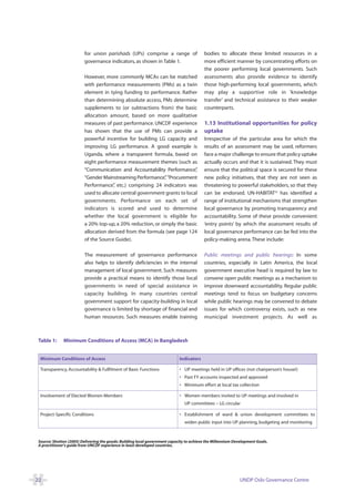 for union parishads (UPs) comprise a range of                   bodies to allocate these limited resources in a
                         governance indicators, as shown in Table 1.                     more efficient manner by concentrating efforts on
                                                                                         the poorer performing local governments. Such
                         However, more commonly MCAs can be matched                      assessments also provide evidence to identify
                         with performance measurements (PMs) as a twin                   those high-performing local governments, which
                         element in tying funding to performance. Rather                 may play a supportive role in ‘knowledge
                         than determining absolute access, PMs determine                 transfer’ and technical assistance to their weaker
                         supplements to (or subtractions from) the basic                 counterparts.
                         allocation amount, based on more qualitative
                         measures of past performance. UNCDF experience                  1.13 Institutional opportunities for policy
                         has shown that the use of PMs can provide a                     uptake
                         powerful incentive for building LG capacity and                 Irrespective of the particular area for which the
                         improving LG performance. A good example is                     results of an assessment may be used, reformers
                         Uganda, where a transparent formula, based on                   face a major challenge to ensure that policy uptake
                         eight performance measurement themes (such as                   actually occurs and that it is sustained. They must
                         “Communication and Accountability Performance”    ,             ensure that the political space is secured for these
                         “Gender Mainstreaming Performance” “Procurement
                                                             ,                           new policy initiatives, that they are not seen as
                         Performance” etc.) comprising 24 indicators was
                                      ,                                                  threatening to powerful stakeholders, so that they
                         used to allocate central government grants to local             can be endorsed. UN-HABITAT22 has identified a
                         governments. Performance on each set of                         range of institutional mechanisms that strengthen
                         indicators is scored and used to determine                      local governance by promoting transparency and
                         whether the local government is eligible for                    accountability. Some of these provide convenient
                         a 20% top-up, a 20% reduction, or simply the basic              ‘entry points’ by which the assessment results of
                         allocation derived from the formula (see page 124               local governance performance can be fed into the
                         of the Source Guide).                                           policy-making arena. These include:

                         The measurement of governance performance                       Public meetings and public hearings: In some
                         also helps to identify deficiencies in the internal             countries, especially in Latin America, the local
                         management of local government. Such measures                   government executive head is required by law to
                         provide a practical means to identify those local               convene open public meetings as a mechanism to
                         governments in need of special assistance in                    improve downward accountability. Regular public
                         capacity building. In many countries central                    meetings tend to focus on budgetary concerns
                         government support for capacity-building in local               while public hearings may be convened to debate
                         governance is limited by shortage of financial and              issues for which controversy exists, such as new
                         human resources. Such measures enable training                  municipal investment projects. As well as



Table 1:     Minimum Conditions of Access (MCA) in Bangladesh


 Minimum Conditions of Access                                               Indicators

 Transparency, Accountability & Fulfilment of Basic Functions               • UP meetings held in UP offices (not chairperson’s house!)
                                                                            • Past FY accounts inspected and approved
                                                                            • Minimum effort at local tax collection

 Involvement of Elected Women Members                                       • Women members invited to UP meetings and involved in
                                                                               UP committees – LG circular

 Project-Specific Conditions                                                • Establishment of ward & union development committees to
                                                                               widen public input into UP planning, budgeting and monitoring



Source: Shotton (2005) Delivering the goods: Building local government capacity to achieve the Millennium Development Goals.
A practitioner’s guide from UNCDF experience in least developed countries.




22                                                                                                           UNDP Oslo Governance Centre
 