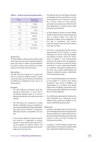 Table 5: Scale to assess local governance              •   The LGB thus finds the right balance between
                                                           comparability and local specificity. In practice
          Value                 Governance                 most applications use a model that is specific
                                Performance                for a certain country as most practices,
              +1                    Perfect                procedures and standards are defined at that
                                                           level (applications in a federal system might
           +0.75                 Very Good
                                                           have to go one level lower).
             +0.5                     Good

           +0.25                Fairly Good            •   It can be applied in situations in which reliable
                                                           baseline and performance data are lacking but
               0                   Neutral
                                                           also in settings where such data are
            -0.25                Fairly Poor               abundantly available. Recent applications of
              -0.5                     Poor                the LGB in combination with Citizen/
                                                           Community Report Cards exercises turned out
            -0.75                 Very Poor
                                                           to be very successful.
               -1              Non-existent
                                                       •   The LGB is a participatory tool that involves
                                                           representatives from all sections of society
                                                           throughout the process, enhancing dialogue
Gender focus                                               and building consensus among the various
The LGB includes an equity criterion, while it could       actors. In addition, it uses contextualised
also include sub-criteria with a gender perspective        indicators that speak to the local population.
under each theme. In addition, recommendations             Both factors contribute to a high level of local
are made in respect to the inclusion of a gender           ownership. It is action oriented and therefore
balance in the sample to be interviewed.                   an assessment and capacity building tool at
                                                           the same time, creating understanding and
Poverty focus                                              improved cooperation between stakeholders
The LGB is focused on poverty as it assesses the           in local governance settings.
access to services for different groups in society
and can be used as part of the process of localising   •   From a cost-benefit perspective, the instrument
the Millennium Development Goals, and so to                can be applied in a resource poor setting
reduce poverty.                                            (resulting in lower levels of reliability and
                                                           representation) or in situations that require
Strengths                                                  higher levels of reliability and therefore more
• The LGB integrates quantitative data with                intensive primary data collection thus increasing
    qualitative observations. It comes with a              the costs of the application.
    user-friendly interface based on a common
    database, spreadsheets and a word-processing       •   Since 2008, the localised specific model can be
    software.                                              easily translated into a web-based version,
                                                           making instant scoring and feedback to the
•   The LGB allows the comparison of results               various stakeholder groups possible.
    between stakeholder groups (contributing to
    very interesting dialogues between stakeholders    Weaknesses
    why they perceive elements of governance           • It requires a lead agent that is conversant with
    differently), between municipalities and over        the methodology and trained and approved by
    time.                                                the Impact Alliance. The agent needs to have a
                                                         good understanding of governance in the local
•   It can be easily adapted to specific situations      context in order to be able to localise the
    and contexts: it is applicable to national,          instrument successfully.
    regional or local administrative levels and it
    can be adapted to different themes and             •   It requires a minimal technical support from
    sectors (such as decentralisation, environment,        Impact Alliance to translate the localised model
    public service provision, etc.)                        into a web-based model for instant scoring.



A Users’ Guide to Measuring Local Governance                                                                   63
 