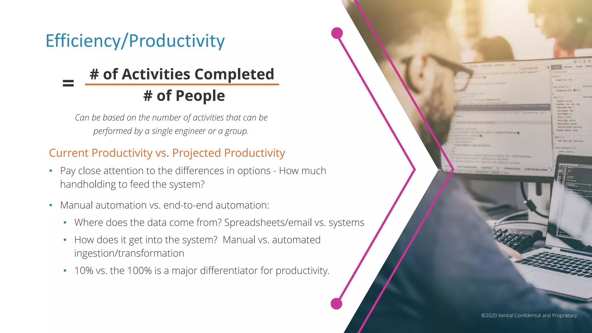 ©2020 Itential Confidential and Proprietary
Efficiency/Productivity
Current Productivity vs. Projected Productivity
• Pay close attention to the differences in options - How much
handholding to feed the system?
• Manual automation vs. end-to-end automation:
• Where does the data come from? Spreadsheets/email vs. systems
• How does it get into the system? Manual vs. automated
ingestion/transformation
• 10% vs. the 100% is a major differentiator for productivity.
# of Activities Completed
# of People
=
Can be based on the number of activities that can be
performed by a single engineer or a group.
©2020 Itential Confidential and Proprietary
 