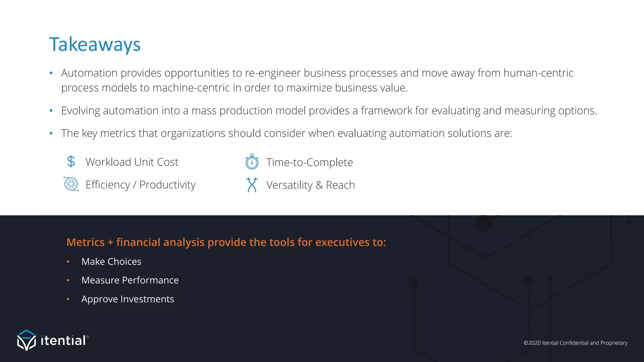 ©2020 Itential Confidential and Proprietary
Workload Unit Cost
Efficiency / Productivity
Takeaways
• Automation provides opportunities to re-engineer business processes and move away from human-centric
process models to machine-centric in order to maximize business value.
• Evolving automation into a mass production model provides a framework for evaluating and measuring options.
• The key metrics that organizations should consider when evaluating automation solutions are:
Metrics + financial analysis provide the tools for executives to:
• Make Choices
• Measure Performance
• Approve Investments
Time-to-Complete
Versatility & Reach
©2020 Itential Confidential and Proprietary
 