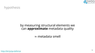 hypothesis
14
by measuring structural elements we
can approximate metadata quality
≃ metadata smell
http://bit.ly/qa-defen...