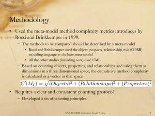 Methodology 
• Used the meta-model method complexity metrics introduces by 
Rossi and Brinkkemper in 1999. 
− The methods ...