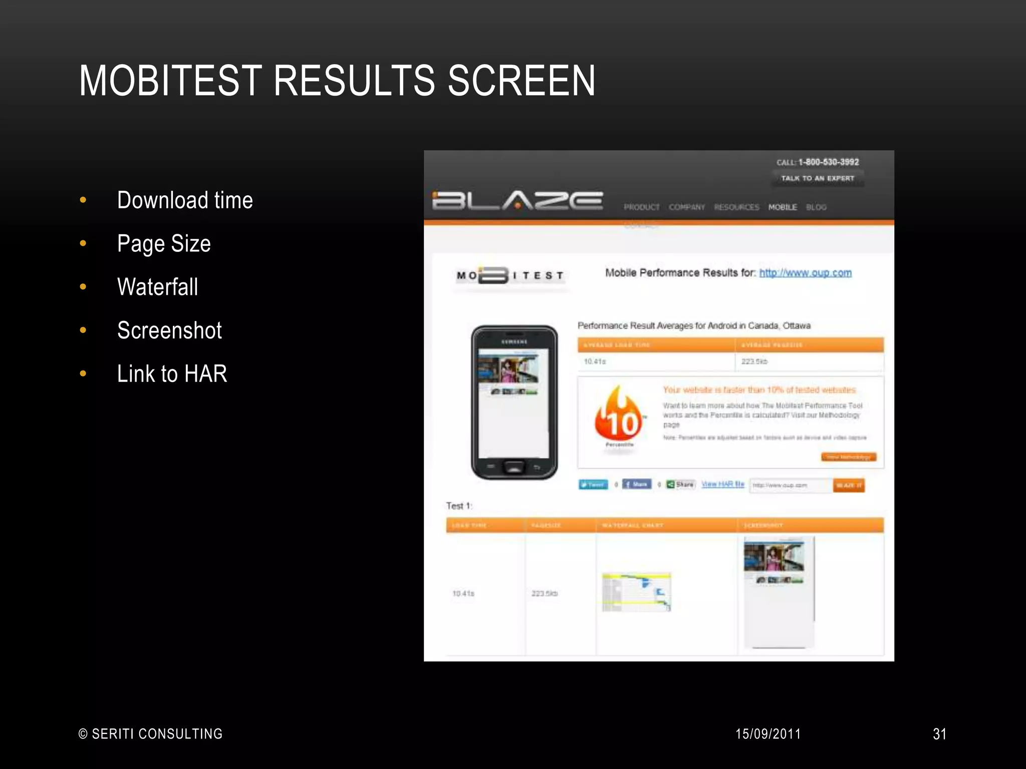 Mobitest results screen14/09/2011© Seriti Consulting31Download timePage SizeWaterfallScreenshotLink to HAR