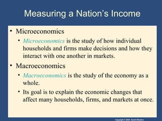 Copyright © 2004 South-Western
Measuring a Nation’s Income
• Microeconomics
• Microeconomics is the study of how individual
households and firms make decisions and how they
interact with one another in markets.
• Macroeconomics
• Macroeconomics is the study of the economy as a
whole.
• Its goal is to explain the economic changes that
affect many households, firms, and markets at once.
 