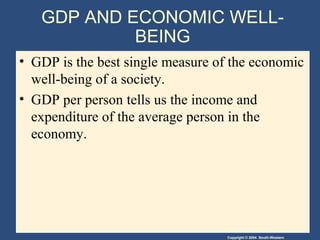 Copyright © 2004 South-Western
GDP AND ECONOMIC WELL-
BEING
• GDP is the best single measure of the economic
well-being of a society.
• GDP per person tells us the income and
expenditure of the average person in the
economy.
 