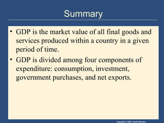 Copyright © 2004 South-Western
Summary
• GDP is the market value of all final goods and
services produced within a country in a given
period of time.
• GDP is divided among four components of
expenditure: consumption, investment,
government purchases, and net exports.
 