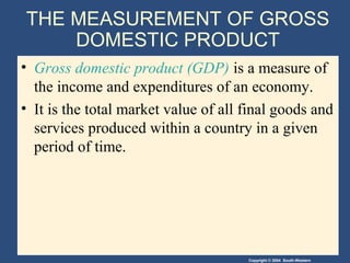 Copyright © 2004 South-Western
THE MEASUREMENT OF GROSS
DOMESTIC PRODUCT
• Gross domestic product (GDP) is a measure of
the income and expenditures of an economy.
• It is the total market value of all final goods and
services produced within a country in a given
period of time.
 