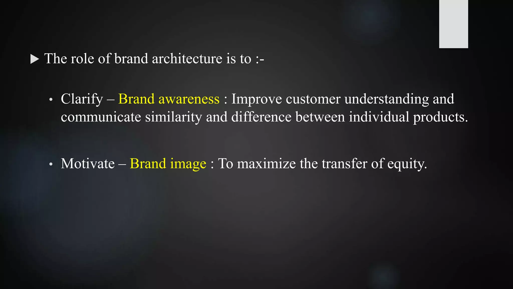  The role of brand architecture is to :-
• Clarify – Brand awareness : Improve customer understanding and
communicate similarity and difference between individual products.
• Motivate – Brand image : To maximize the transfer of equity.
 