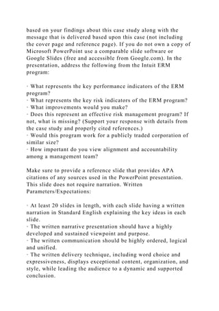 based on your findings about this case study along with the
message that is delivered based upon this case (not including
the cover page and reference page). If you do not own a copy of
Microsoft PowerPoint use a comparable slide software or
Google Slides (free and accessible from Google.com). In the
presentation, address the following from the Intuit ERM
program:
· What represents the key performance indicators of the ERM
program?
· What represents the key risk indicators of the ERM program?
· What improvements would you make?
· Does this represent an effective risk management program? If
not, what is missing? (Support your response with details from
the case study and properly cited references.)
· Would this program work for a publicly traded corporation of
similar size?
· How important do you view alignment and accountability
among a management team?
Make sure to provide a reference slide that provides APA
citations of any sources used in the PowerPoint presentation.
This slide does not require narration. Written
Parameters/Expectations:
· At least 20 slides in length, with each slide having a written
narration in Standard English explaining the key ideas in each
slide.
· The written narrative presentation should have a highly
developed and sustained viewpoint and purpose.
· The written communication should be highly ordered, logical
and unified.
· The written delivery technique, including word choice and
expressiveness, displays exceptional content, organization, and
style, while leading the audience to a dynamic and supported
conclusion.
 