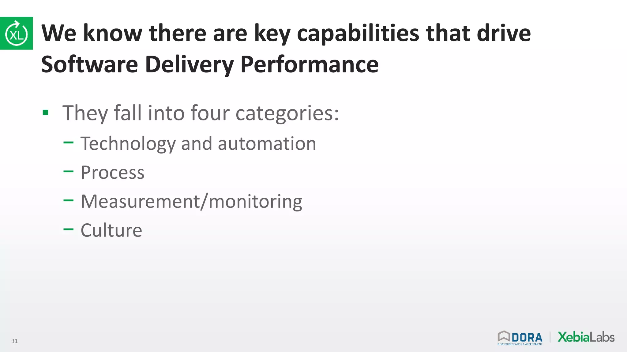 31
We know there are key capabilities that drive
Software Delivery Performance
▪ They fall into four categories:
− Technology and automation
− Process
− Measurement/monitoring
− Culture
 