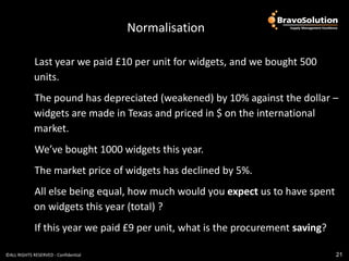 Normalisation

             Last year we paid £10 per unit for widgets, and we bought 500
             units.
             The pound has depreciated (weakened) by 10% against the dollar –
             widgets are made in Texas and priced in $ on the international
             market.
             We’ve bought 1000 widgets this year.
             The market price of widgets has declined by 5%.
             All else being equal, how much would you expect us to have spent
             on widgets this year (total) ?
             If this year we paid £9 per unit, what is the procurement saving?

©ALL RIGHTS RESERVED - Confidential                                              21
 