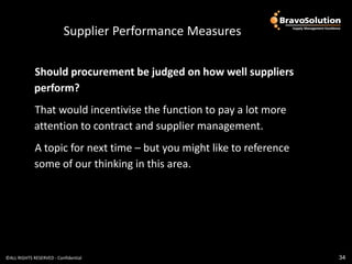 Improvement Outcomes
                          Supplier Performance Measures

             Should procurement be judged on how well suppliers
             perform?
             That would incentivise the function to pay a lot more
             attention to contract and supplier management.
             A topic for next time – but you might like to reference
             some of our thinking in this area.




©ALL RIGHTS RESERVED - Confidential                                    34
 