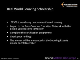 Real World Sourcing Scholarship


           • £2500 towards any procurement based training
           • Log on to the BravoSolution Education Network with the
             details you’ll receive tomorrow
           • Complete the certification programme
           • Check your ranking!
           • The winner will be announced at the Sourcing Experts
             dinner on 19 December




©ALL RIGHTS RESERVED - Confidential         Spend Matters UK/Europe   37
 