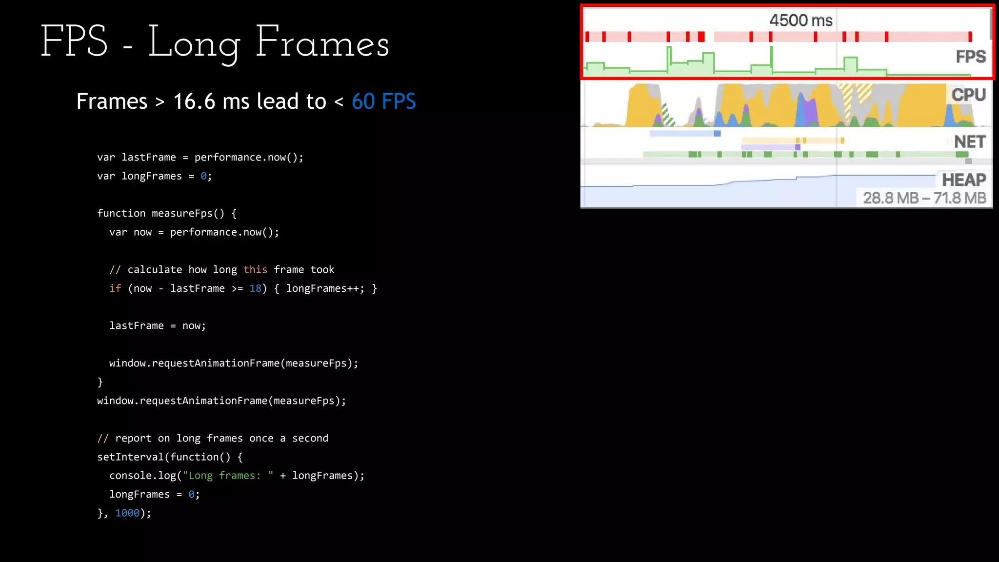 FPS - Long Frames
Frames > 16.6 ms lead to < 60 FPS
var lastFrame = performance.now();
var longFrames = 0;
function measureFps() {
var now = performance.now();
// calculate how long this frame took
if (now - lastFrame >= 18) { longFrames++; }
lastFrame = now;
window.requestAnimationFrame(measureFps);
}
window.requestAnimationFrame(measureFps);
// report on long frames once a second
setInterval(function() {
console.log("Long frames: " + longFrames);
longFrames = 0;
}, 1000);
 