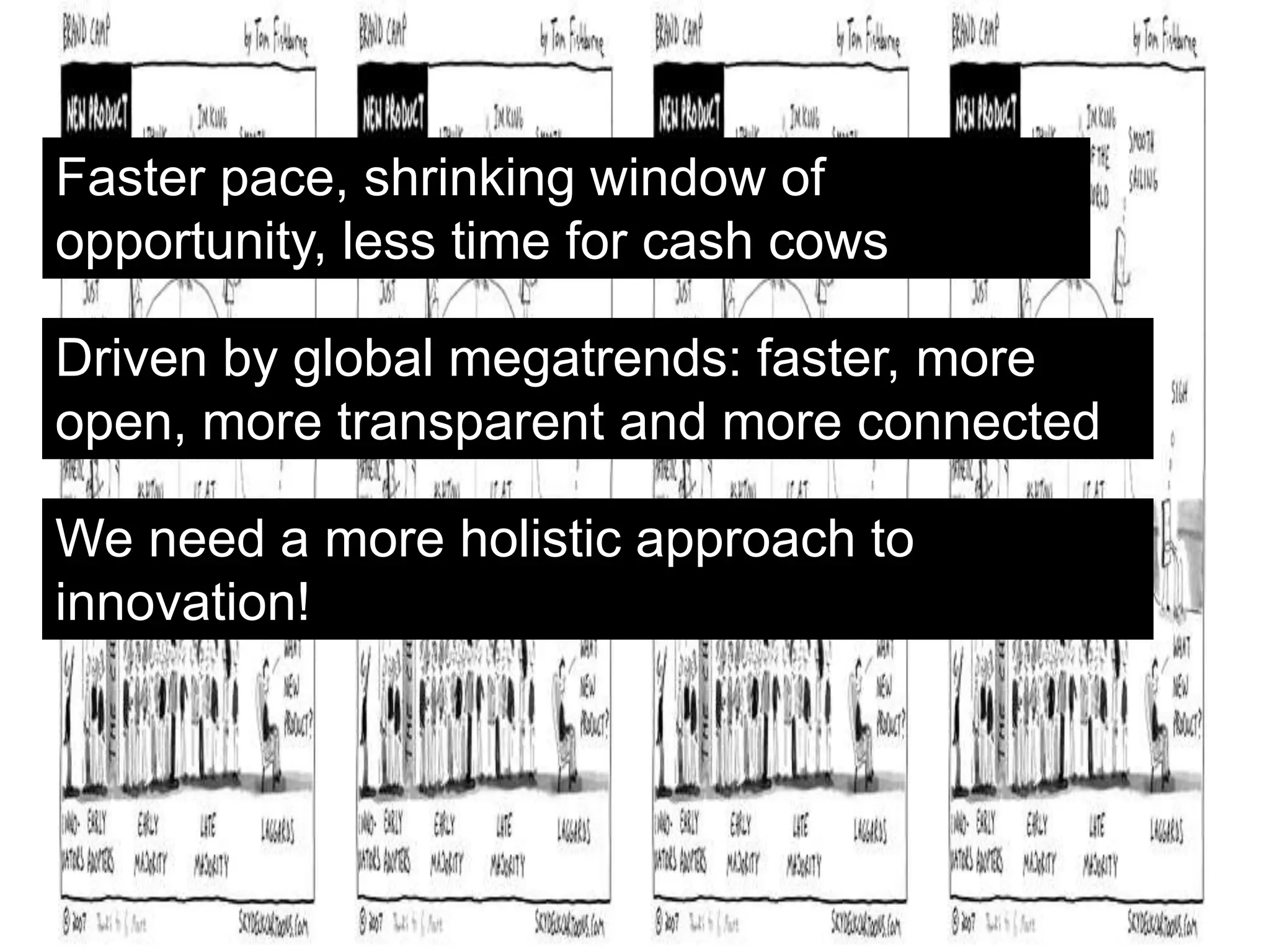 Faster pace, shrinking window of
opportunity, less time for cash cows
Driven by global megatrends: faster, more
open, more transparent and more connected
We need a more holistic approach to
innovation!
 