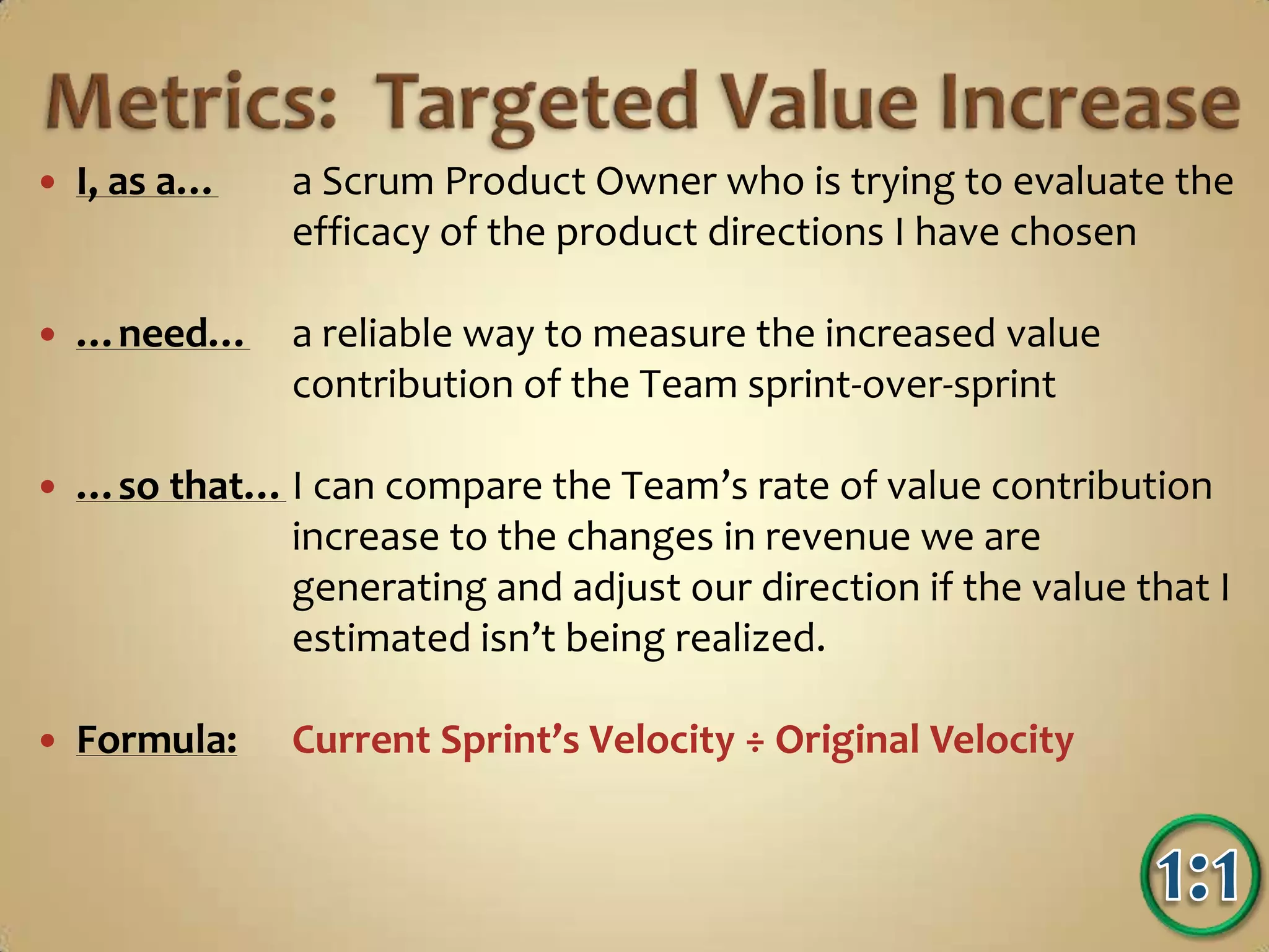 Metrics:  Focus FactorAttempts to force non-deterministic systemsto operate at greater than80% efficiency will causeshort bursts of stabilizationfollowed by extreme periodsof destructive and unpredictable variationsfrom that goal.64.7%WorkCapacityVelocity1117W. Edwards Deming
