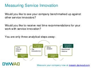 Slide 1 
Measuring Service Innovation 
Would you like to see your company benchmarked up against 
other service innovators? 
Would you like to receive real time recommendations for your 
work with service innovation? 
You are only three analytical steps away: 
• Time 
• Money 
• Effort 
1. Company 
input 
2. Company 
throughput • Value 
• The 
innovation(s) 
created 
3. Company 
output 
Innovation 
diagnosis 
• Benchmark 
• Actions 
Measure your company 
Measure your company now at mesein.damvad.com 
 