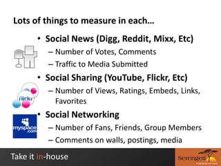 Lots of things to measure in each…Social News (Digg, Reddit, Mixx, Etc)Number of Votes, CommentsTraffic to Media SubmittedSocial Sharing (YouTube, Flickr, Etc)Number of Views, Ratings, Embeds, Links, FavoritesSocial NetworkingNumber of Fans, Friends, Group MembersComments on walls, postings, media