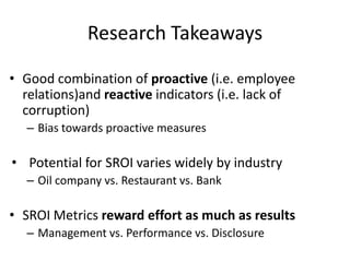 Research Takeaways

• Good combination of proactive (i.e. employee
  relations)and reactive indicators (i.e. lack of
  corruption)
  – Bias towards proactive measures

• Potential for SROI varies widely by industry
  – Oil company vs. Restaurant vs. Bank

• SROI Metrics reward effort as much as results
  – Management vs. Performance vs. Disclosure
 