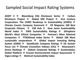 Sampled Social Impact Rating Systems
ASSET 4 v Bloomberg ESG Disclosure Series v Carbon
Disclosure Project v Global 500 Project v 21st Century
Corporation: The CERES Roadmap to Sustainability (CERES) v
Climate Counts Company Scorecard v CR Magazine 100 Best
Corporate Citizens v CSR Hub v Dow Jones Sustainability
World Index v EIRIS Sustainability Ratings v Ethisphere
World's Most Ethical Companies v Fortune's Most Admired
Companies v FTSE4Good Index Series v Global 100 Most
sustainable corporations v Global Impact Investing Rating
System (GIIRS) v GoodGuide Company Ratings v GS Sustain
Focus List v Climate Innovation Indexes (CIIs) v Newsweek's
Green Rankings v Oekom Corporate Ratings v Sustainalytics
Global Platform v Trucost Environmental Impact Assessment v
Vigeo ratings v Walmart Sustainability Index
 