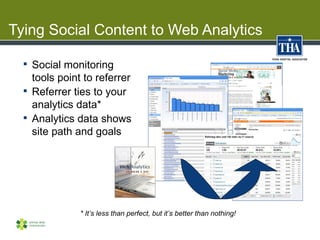 Tying Social Content to Web Analytics

   Social monitoring
    tools point to referrer
   Referrer ties to your
    ana...