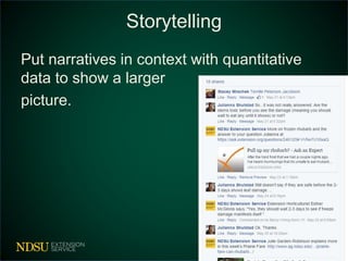 Storytelling
Put narratives in context with quantitative
data to show a larger
picture.
 