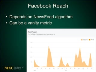 Facebook Reach
• Depends on NewsFeed algorithm
• Can be a vanity metric
 