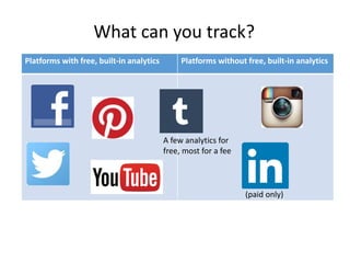 Platforms with free, built-in analytics Platforms without free, built-in analytics
(paid only)
A few analytics for
free, most for a fee
What can you track?
 