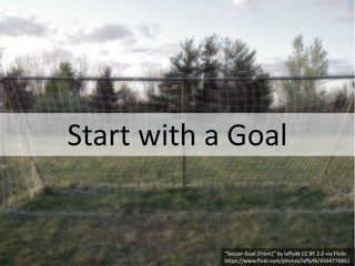 Start with a Goal
“Soccer Goal (Front)” by laffy4k CC BY 2.0 via Flickr.
https://www.flickr.com/photos/laffy4k/4564776861
 