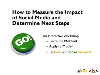 How to Measure the Impact
of Social Media and
Determine Next Steps

          An Interactive Workshop:
            • Learn the Method
            • Apply to Model
            • Be bold and moveforward
 