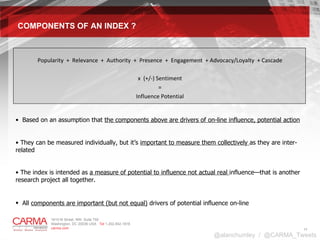 COMPONENTS OF AN INDEX ? Based on an assumption that  the components above are drivers of on-line influence, potential action They can be measured individually, but it’s  important to measure them collectively  as they are inter-related  The index is intended as  a measure of potential to influence not actual real  influence—that is another research project all together.  All  components are important (but not equal)  drivers of potential influence on-line   Popularity  +  Relevance  +  Authority  +  Presence  +  Engagement  + Advocacy/Loyalty  + Cascade x  (+/-) Sentiment = Influence Potential @alanchumley  /  @CARMA_Tweets 