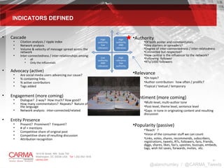 INDICATORS DEFINED Cascade Citation analysis / ripple index Network analysis Volume & velocity of message spread across the network Inter-connectedness / inter-relationships among: all Only the influentials Advocacy (active) Are social media users advancing our cause? % containing links % active contributors Tags added Engagement (more coming) Dialogue?  2-way?  How much? How good?  How many commentators?  Repeats?  Nature of the language Network analysis:  inter-connected/related  Entity Presence Present?  Prominent?  Frequent? # of + mentions Competitive share of original post Competitive share of resulting discussion Attribution recognition Authority Of both poster and commentators Idea starters or spreaders? Degree of inter-connectedness / inter-relatedness Connected but respected? How central is the influencer to the network? Following: follower RTs/1000 followers Relevance On topic? Author contribution:  how often / prolific? Topical / textual / temporary Sentiment (more coming) Multi-level, multi-author tone Post-level, theme level, sentence level Gaps  in tone in originating content and resulting discussion Popularity (passive)  ‘ Reach’  ? Voice of the consumer stuff we can count Links, votes, shares, recommends, subscribers, registrations, tweets, RTs, followers, fans, friends, diggs, shares, likes, fav’s, upvotes, buzzups, embeds, tags, wish list saves, forwards, invites,  etc. @alanchumley  /  @CARMA_Tweets 