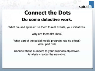 Connect the Dots
          Do some detective work.
What caused spikes? Tie them to real events, your initiatives.

       ...