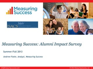 © 2013 Measuring Success, LLC 1info@measuring-success.com
Measuring Success: Alumni Impact Survey
Summer/Fall 2013
Andrew Foote, Analyst, Measuring Success
 